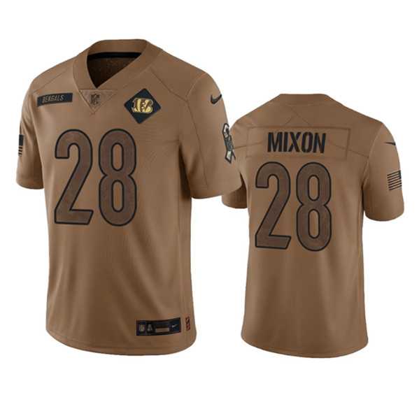 Mens Cincinnati Bengals #28 Joe Mixon 2023 Brown Salute To Service Limited Football Stitched Jersey Dyin